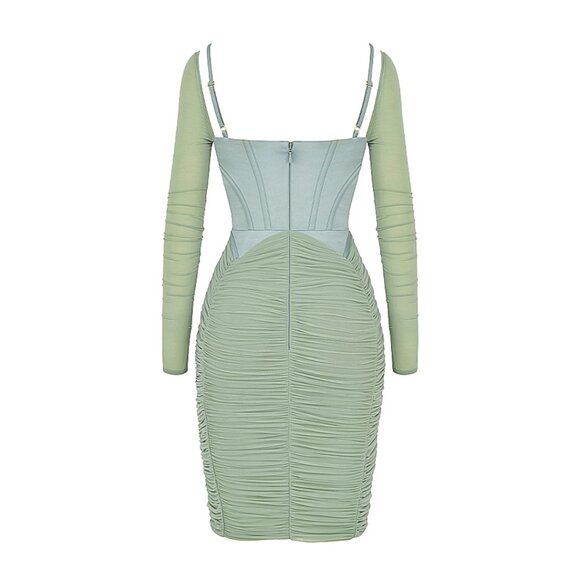 House of CB Freyja Gathered Corset Dress Size M Sage Green Mesh & Satin - Picture 13 of 15